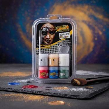 Imagem de Kit Pintura Facial Tinta Metálicas 6 cores + Pincel + Gliter - Rostinh