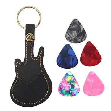 Imagem de Estojo para palhetas de guitarra em formato de guitarra de couro PU com 5 palhetas coloridas para guitarristas (preto)