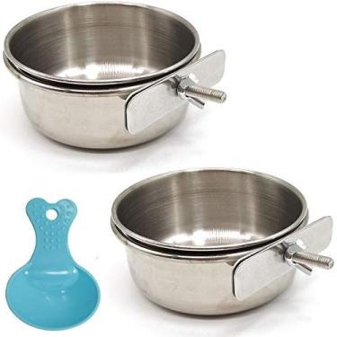 Imagem de RONYOUNG 2 pçs copos de prato de alimentação de pássaro com colher, suporte de grampo para tigela de papagaio -- copo de aço inoxidável, tigela de água para gaiola de pássaro para periquito cinza africano conure Cockatiels Lovebird Budgie Chinchilla