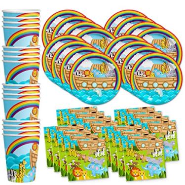 Imagem de Conjunto de suprimentos para festa de aniversário Noah's Ark conjunto de pratos guardanapos copos kit de mesa para 16