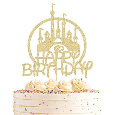 Imagem de Topo de bolo de aniversário do castelo AHAORAY – Suprimento de decoração de bolo de festa de aniversário com tema de castelo com glitter dourado – Topo de bolo de princesa Prince Happy Birthday – Acessório de foto para festa de aniversário