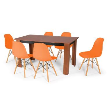 Imagem de Conjunto Mesa de Jantar Retangular Pérola Cherry 150x80cm com 6 Cadeiras Eames Eiffel - Laranja