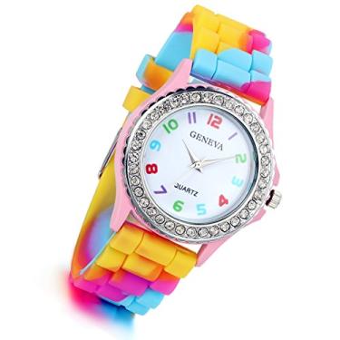 Imagem de Lancardo Relógio feminino de quartzo, strass, cor arco-íris, silicone, geléia, divertido, colorido, casual, vestido de pulso, rosa, alça