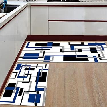 Imagem de Tapete de corredor de cozinha, geométrico abstrato arte moderna quadrada, meio século, azul marinho, preto, antiderrapante, tapete de corredor, tapete de porta, tapete para lavanderia, banheiro, quarto, conjunto de 2
