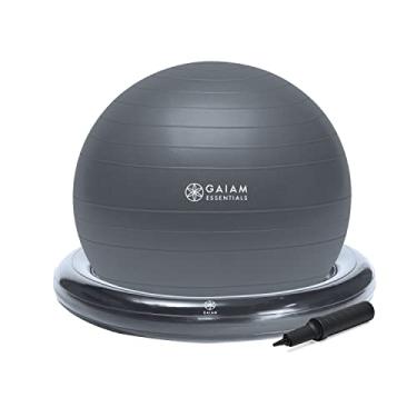Imagem de Gaiam Kit de base e bola de equilíbrio Essentials, cadeira de bola de ioga de 65 cm, bola de exercício com base de anel inflável para casa ou mesa de escritório, inclui bomba de ar – cinza