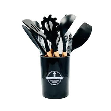 Imagem de Jogo Kit 12 Utensílios Talheres de Cozinha Silicone Cabo de Madeira Espátula Escumadeira Anti Risco Sem BPA Resistente Calor
