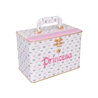 Imagem de Maleta Box LUXO 600 fotos 10x15 com 6 Álbuns Fotográficos PRINCESA ROSA COROA Bebê Bordado