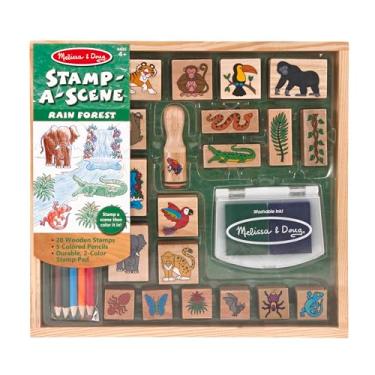 Imagem de Melissa & Doug Stamp-a-Scene Stamp Set: Rain Forest - 20 Wooden Stamps, 5 Colored Pencils, and 2-Color Stamp Pad