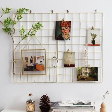 Imagem de PEAUARL Painel de grade de parede de malha de metal para exibição de fotos, quadro de mensagens, tamanho: 44,5 cm x 30 cm, pacote com 2 (ouro)