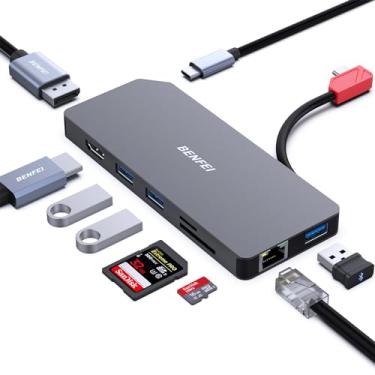 Imagem de BENFEI Estação de ancoragem para laptop USB C MST 9 em 1, hub USB-C para HDMI DisplayPort, monitor duplo/3 USB tipo-A/1 USB tipo-C (10 Gbps + 100 W PD)/leitor de cartão SD/TF/1 RJ45