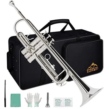 Imagem de EASTROCK Conjunto de trompete padrão Bb Trumpet com estojo de transporte, luvas, bocal 7C e kit de limpeza (niquelado)