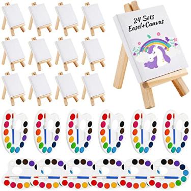 Imagem de Zubebe Conjunto de 24 mini kit de pintura em tela, presentes de dia dos namorados, tela de 10 x 10 cm com cavalete de madeira, pincel de paleta de aquarela de 12 cores a granel para lembrancinhas de