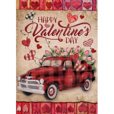 Imagem de Covido Bandeira decorativa de jardim feliz dia dos namorados, vintage vermelho xadrez caminhão quintal búfalo cheque corações de amor tulipas decorações externas, aniversário casamento ao ar livre