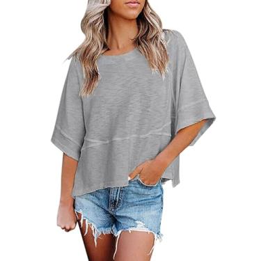 Imagem de Camisetas femininas de verão de manga curta e gola redonda, casual, solta, confortável, blusa legging túnica, Cinza, P