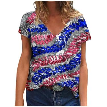 Imagem de Camiseta feminina fashion casual com bandeira do Dia da Independência, manga curta, gola V, túnica oriental, Bege, G