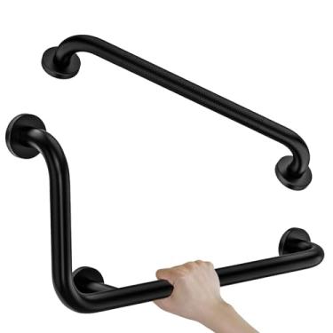 Imagem de Barra de apoio preta em forma de L 30 x 61 cm + trilho serrilhado para chuveiro de 50 cm, barra de segurança de banheiro de aço inoxidável Zepolu 90 graus, barra de suporte de equilíbrio angular para