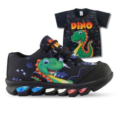 Imagem de Genérico, tenis de led infantil masculino dinossauro com luzinha meninos mais camisa Cor:Preto;Tamanho:22