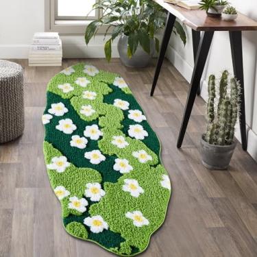 Imagem de Ouyattle Tapete de banheiro floral verde fofo tapete de banheiro extralongo 60 cm L x 152 cm C antiderrapante lavável, moderno chique boho estética moderna funky musgo tapetes para cozinha quarto