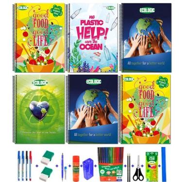 Imagem de Kit 6 caderno ecológico 80 folhas + 38 acessórios escolares