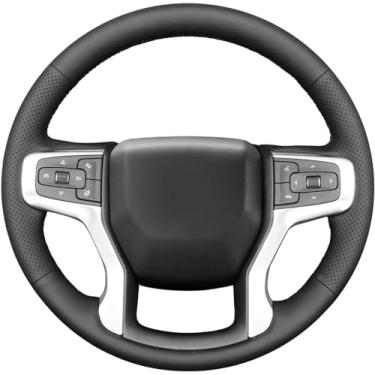 Imagem de Loncky Capa de volante de fibra de carbono de couro para Chevrolet Blazer Silverado (1500) 2019-2023 / Silverado (2500/3500) 2020-2023/Suburban Tahoe 2021-2023 Acessórios interiores costurados