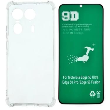 Imagem de Capa Anti Impacto Choque Shock + Película de Ceramica 9d, silicone transparente clear com bordas reforçadas e flexível com efeito cristal Compátivel com Moto Edge 50 Ultra