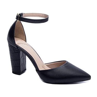 Imagem de Sapato Scarpin Feminino Preto Croco Salto Grosso Bico Fino Tamanho:37;Cor:Preto;Gênero:Feminino