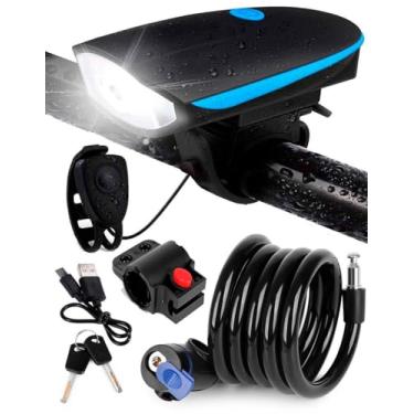Imagem de Kit Bike Farol Frontal Dianteiro USB LED Extra Forte + Buzina 5 Sons + Cadeado Corrente Com Suporte de Quadro E 2 Chaves