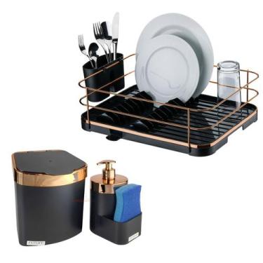 Imagem de Kit Escorredor De Louça Talheres Lixeira 2,5L Dispenser Porta Detergen