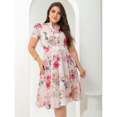 Imagem de Vestido Midi Soltinho Floral Elegante Gode com Cinto - Fashion, Rose, 