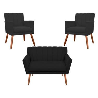 Imagem de Kit Namoradeira + 2 Poltronas Decorativa Cecília Suede Preto Pés Madei