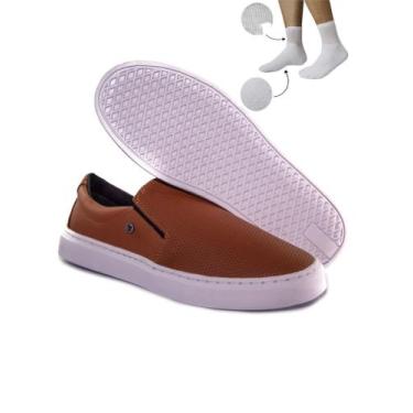 Imagem de kit Sapatênis Slip On masculino e meia - CONNECT WAY, Caramelo, 40
