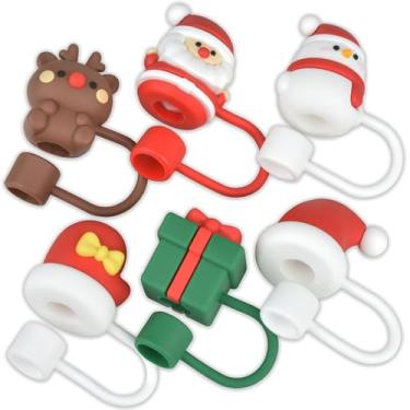 Imagem de Tampa de cobertura de canudo - 6 peças de protetor de tampas de canudo de silicone colorido de Natal - Capa reutilizável para canudo - Toppers tampas de canudo para beber plugues (6 tampas de Natal)
