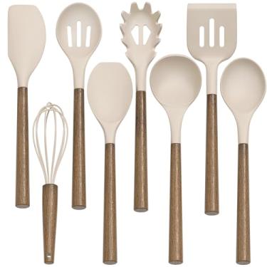 Imagem de Conjunto de utensílios de cozinha de silicone, conjunto de 9 peças de utensílios de cozinha com cabo de madeira para panelas antiaderentes, 230 °C resistente ao calor, conjunto de utensílios de cozinha de silicone com suporte grande (cáqui)