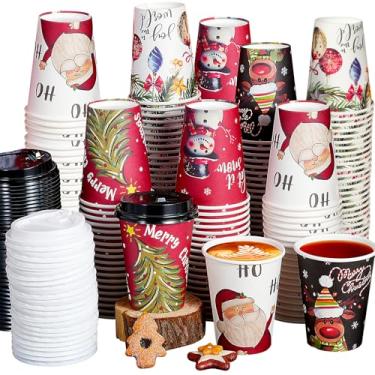 Imagem de 100 peças de copos de papel de Natal de 340 g com tampas, copos de café descartáveis para bebidas frias, chocolate de cacau quente, bebendo, boneco de neve, bola de azevinho, alce, copo para decoração