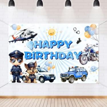 Imagem de Faixa de fundo de feliz aniversário de polícia, desenho animado, carro de polícia, helicóptero, cachorro, tema de polícia, decoração para crianças, meninos, meninas, lembrancinhas de festa de