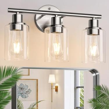Imagem de Luminárias de banheiro para vaidade, 3 luzes de iluminação de arandela de parede de prata, luzes de parede de casa de fazenda com sombra de vidro, luminárias de banheiro para espelho quarto cozinha varanda sala de estar corredor