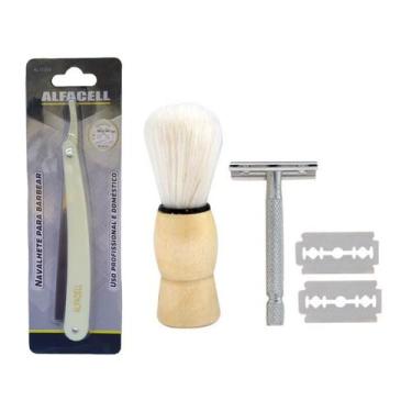Imagem de Kit Aparelho Barbear Para Barbeiros Pincel Lâmina E Aparelho - ALFACEL
