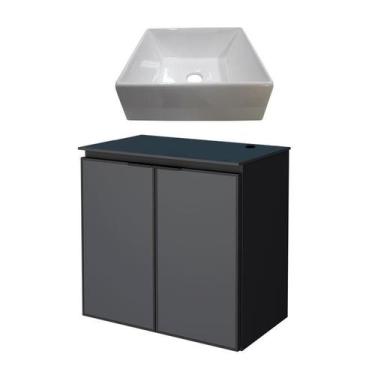 Imagem de Gabinete Para Banheiro Preto Aço Umbu Tampo Vidro Com Cuba Prisma Cozi