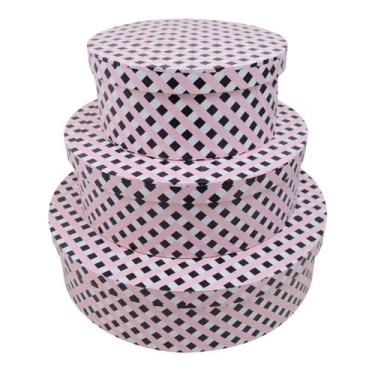 Imagem de Trio de Caixa Redonda Tampa Sapato Adesivada Xadrez Rosa Por 7cm Mdf M