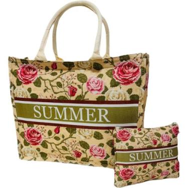 Imagem de Bolsa De Praia Bege Estampada Colorida Com Flores Pássaros - Lis
