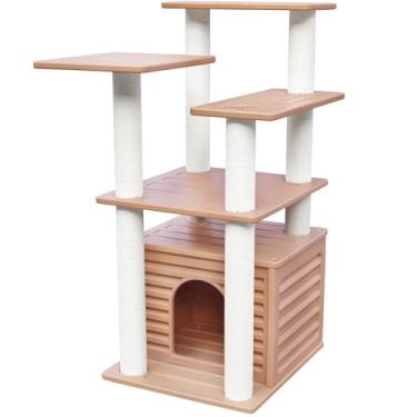Imagem de maohegou Torre de árvore para gatos interna e externa de 46”, casinha para gatos ao ar livre, condomínio para gatos à prova de intempéries com postes para arranhar