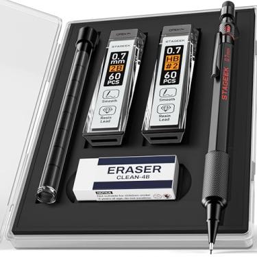 Imagem de STAGEEK Lápis mecânicos de 0,7 mm com capa, lapiseira de metal à prova de intempéries para artistas ao ar livre com 120 recargas de grafite HB e 2B, borracha, para escrever esboços, desenhos e esboços