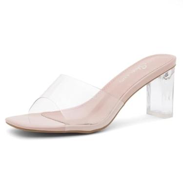 Imagem de Shoe Land Saltos transparentes para mulheres – Mules de salto grosso de 7,6 cm, slides transparentes de dedo quadrado sem cadarço | Sandálias transparentes elegantes para casamento, festa e uso casual