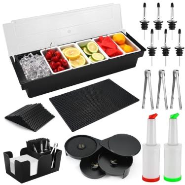 Imagem de NewEle suprimentos para bartending - bandeja de enfeite de tapete de bar de 18 "x 12" com tampa caddy de bar, aro de vidro de barra de 3 camadas, 2 garrafas de suco de plástico, 3 mini pinça
