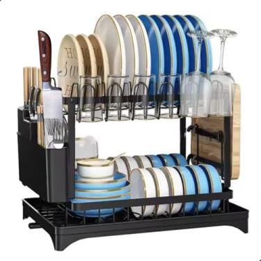 Imagem de Escorredor De Louça Em Aço Inox Com Drenagem Automática 360° Com 2 Níveis Porta Pratos e Talheres X-Matte