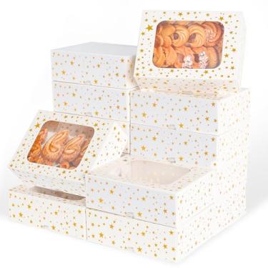 Imagem de YEKTFS 24 caixas de biscoitos de natal com janela - caixas de pastelaria estrela de folha de ouro para presentear, caixas de padaria, latas de biscoitos de natal branco com tampas, sobremesa