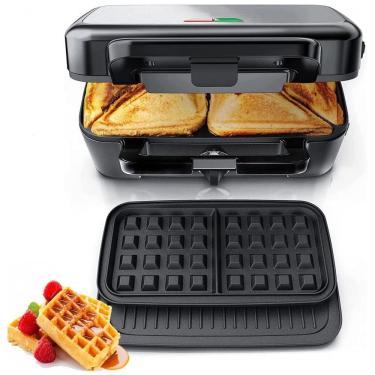Imagem de Sanduicheira e Máquina de Waffle 3 em 1 com Controle de Temperatura de 5 Opções e Revestimento Antiaderente, 1200W, 110v, FOHERE, Prata