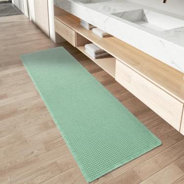 Imagem de Tapete de banheiro AMOAMI quadriculado, atualizado, superabsorvente, antiderrapante, lavável na máquina, passadeira com franjas, ideal para corredor, quarto, lavanderia, 43 x 122 cm, verde (sage)