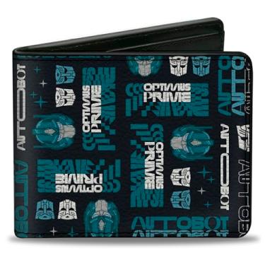 Imagem de Buckle-Down Carteira Transformers, Bifold, Transformers Optimus Prime Text and Icons Collage Black Blues, Couro Vegano, 4.0" x 3.5", Casual