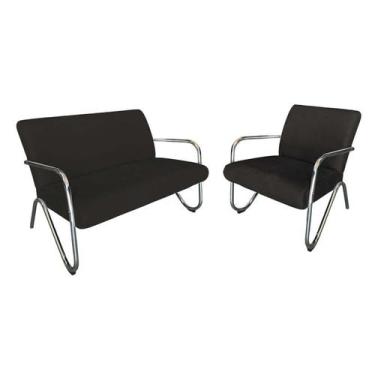 Imagem de Kit Namoradeira +  Poltrona Decorativa Bela Couro Preto Braço Cromado 